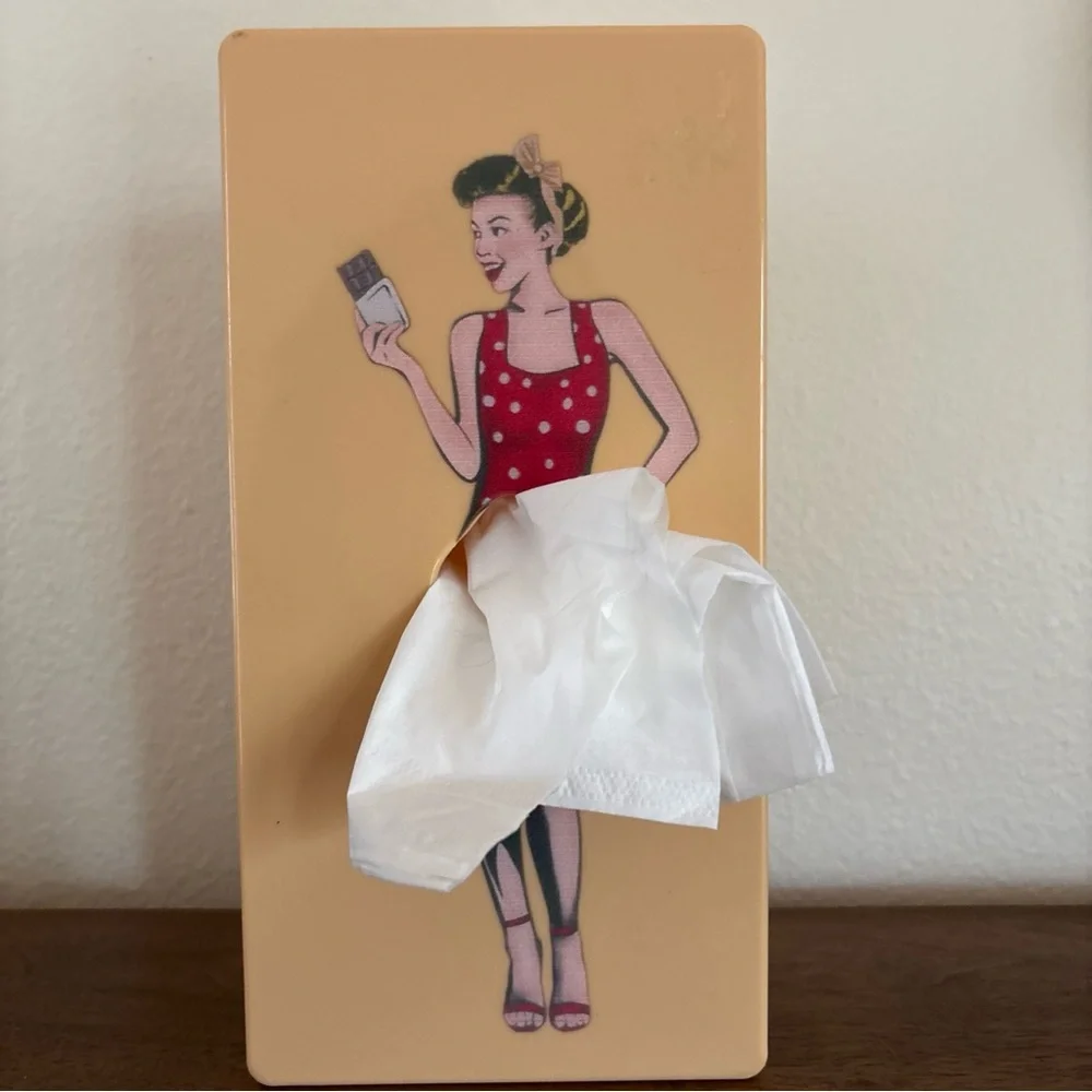 Retro‎ Peachy Yellow Pinup Tissue Box With Woman Eating Chocolate